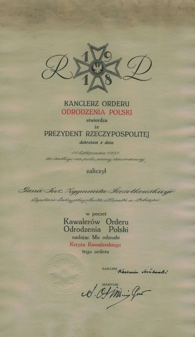 Акт награждения Рыцарским Крестом ордена Возрождения Польши.