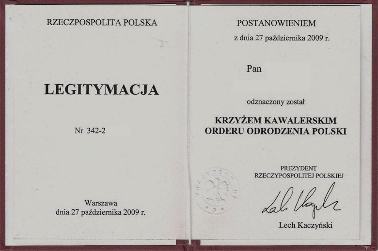 Свидетельство о награждения Рыцарским Крестом ордена Возрождения Польши.