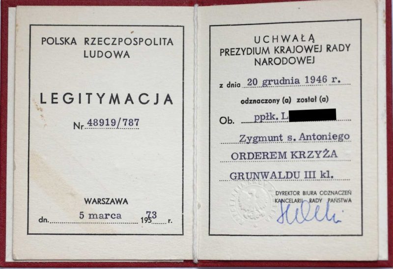 Удостоверение о награждении орденом «Крест Грюнвальда».