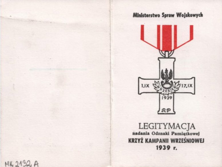 Удостоверение о награждении Крестом Сентябрьской кампании.