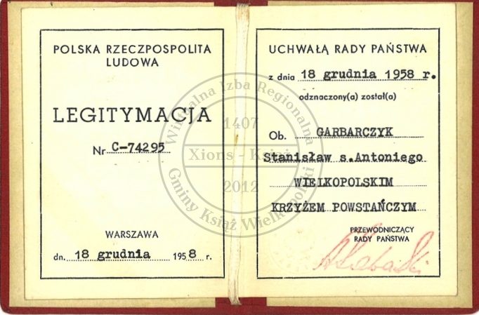 Удостоверение о награждении Крестом Великопольского восстания. 