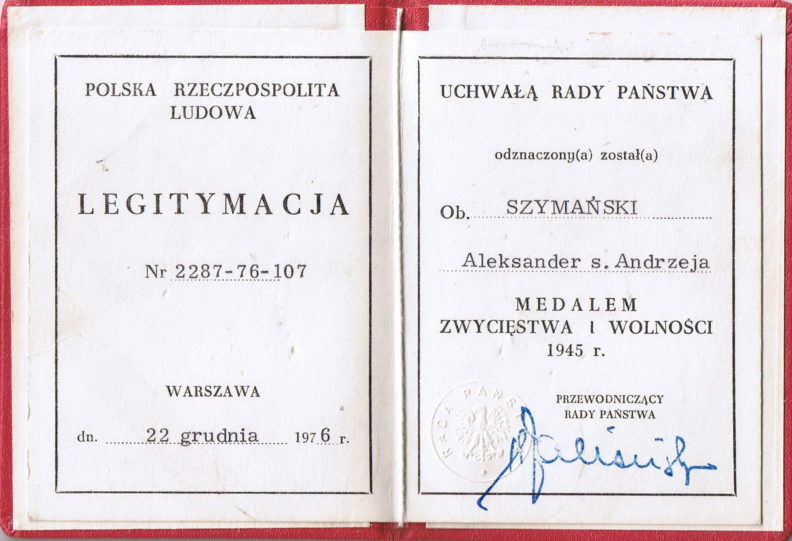 Удостоверение о награждении медалью «Победы и Свободы 1945».