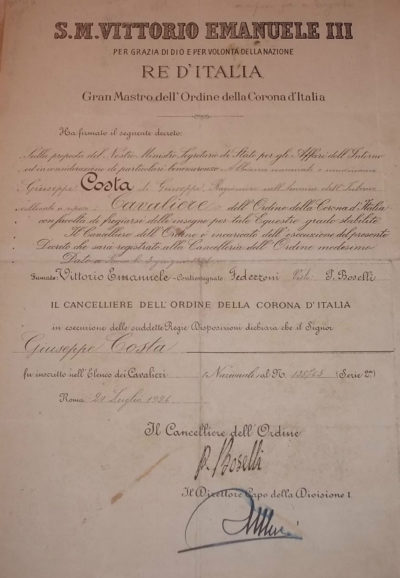 Свидетельства о награждении знаком Кавалер ордена Короны Италии.