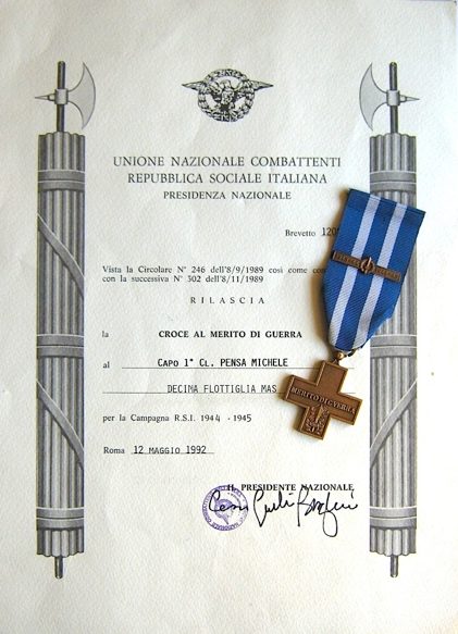 Свидетельство о награждении крестом «За военные заслуги».
