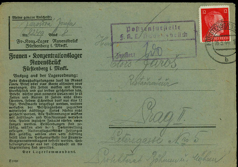 Специальный конверт для заключённых и письмо на специальном бланке, отправленные из концлагеря Равенсбрюк в 1944 году.
