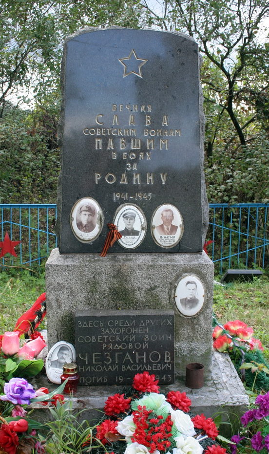 д. Горная Шальдиха Кировского р-на. Памятник, установленный на братской могиле, в которой похоронено 519 советских воинов, в т.ч. 174 неизвестных. 