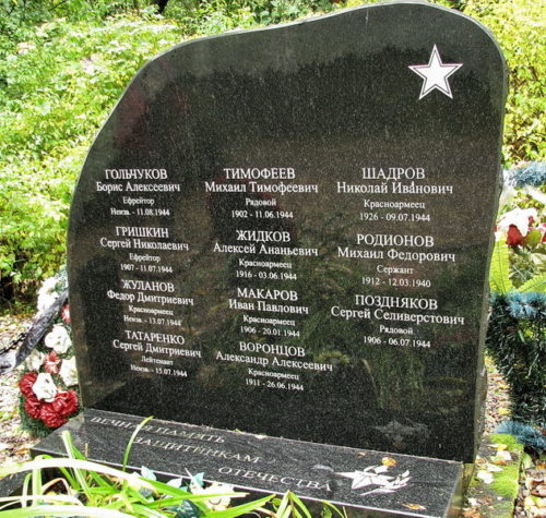 п. Вязы Выборгского р-на. Памятник установлен на братской могиле, в которой похоронено 11 советских воинов.