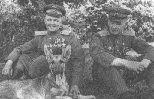 Михаил Лусто (слева) и Евгений Мариинский с собакой Джульбарсом, которая обнаружила 7 468 мин и более 150 снарядов. 1945 г. 