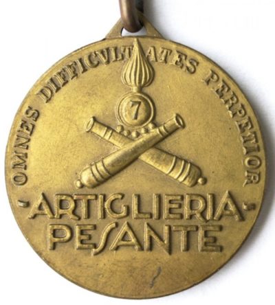 Аверс и реверс памятной медали 7-го полка тяжелой артиллерии. Медаль изготовлена из бронзы, диаметр – 28 мм.