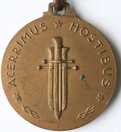 Аверс и реверс памятной медали 73-го пехотного полка бригады «Lombardia». Медаль изготовлена из бронзы, диаметр - 28 мм.