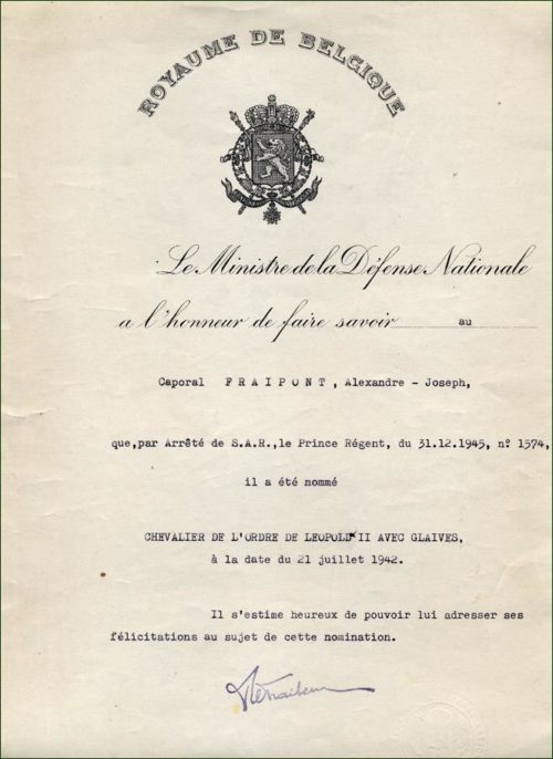 Дипломы о награждении знаком Кавалера Ордена Леопольда II с мечами.