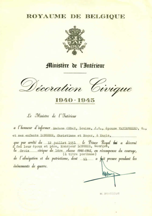 Свидетельство о награждении крестом 1-й степени Гражданского знака отличия 1940-1945.