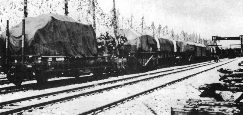 Один из 4-х составов на которых перевозилось орудие «Дора». Февраль-март 1942 г. 