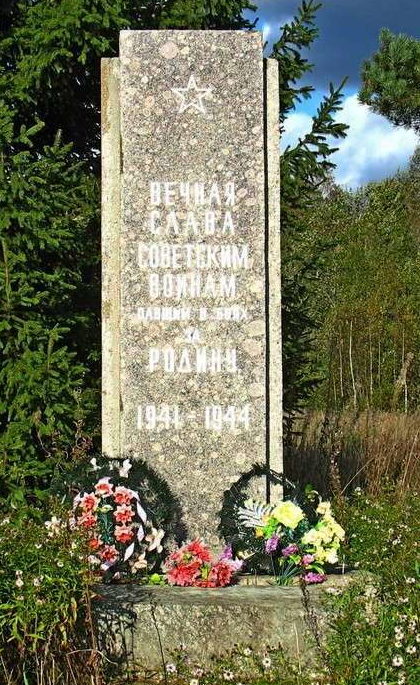 д. Поддубье Лужского р-на. Памятник, установленный на братской могиле, в которой похоронено 3 советских воина.