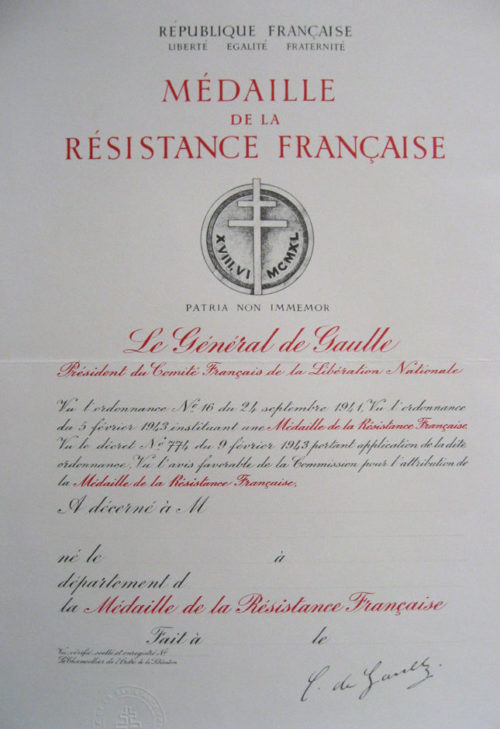 Свидетельства о награждении медалью Сопротивления.