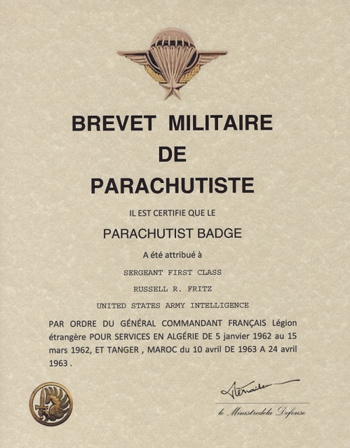 Свидетельство о вручении знака инструктора парашютиста иностранного легиона.