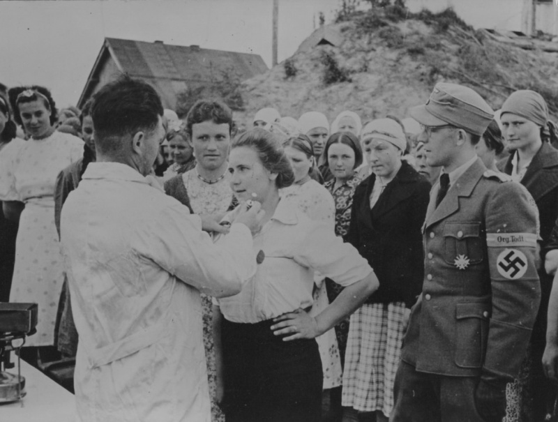 Гаупттруппфюрер организации «Тодт» наблюдает за немецким санитаром, делающим прививку советской девушке. 1943 г.