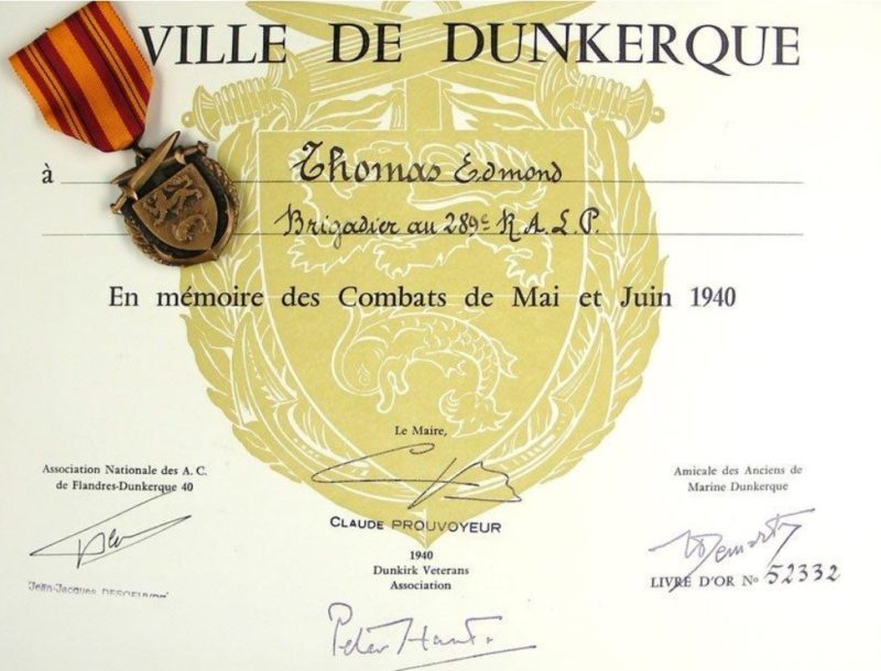 Свидетельство о награждении медалью Дюнкерк.