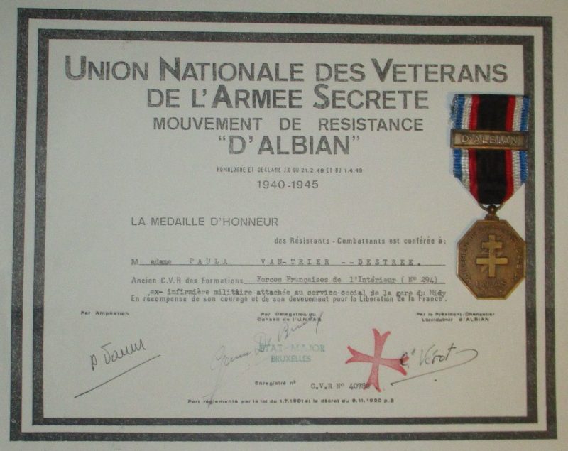 Свидетельство о награждении медалью движение сопротивления d'Albian.