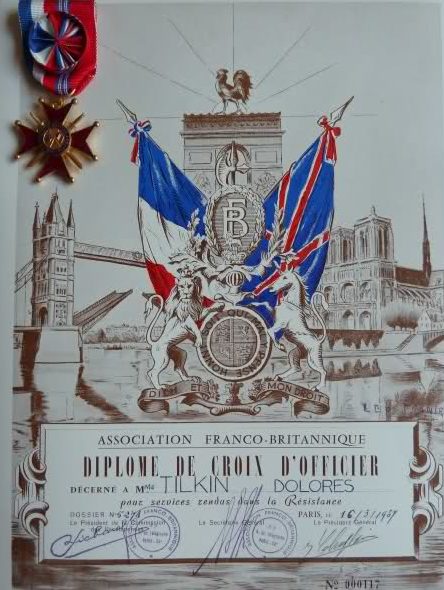 Свидетельство о награждении знаком Офицера Почетного креста Ассоциации Франко-Британской Дружбы.