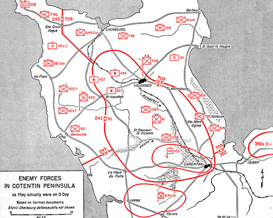 Карта немецких позиций на полуострове Котентин. 6 июня 1944 года.