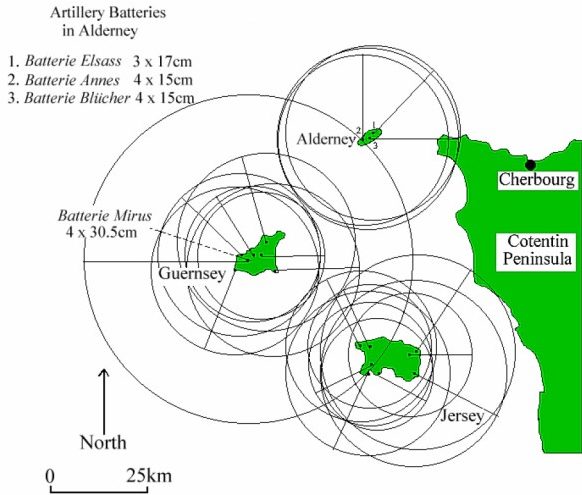 Схема стрельбы батарей островов.