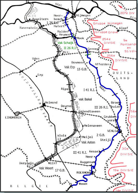 Карта-схема расположения войск на Маас-линии. Синий цвет – линия, красный цвет – немецкие войска. 