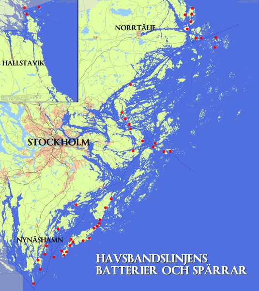 Карта размещения береговых батарей Стокгольмского архипелага.