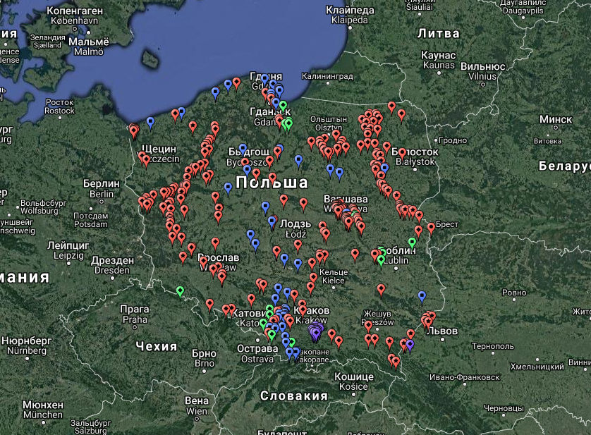 Карта оборонительных сооружений Польши (320 единиц), сохранившихся до наших дней. Объекты обозначены красным цветом. Зеленым цветом обозначены разрушенные сооружения.