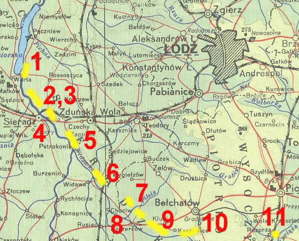 Карта размещения опорных пунктов линии «Варта и Видавка».