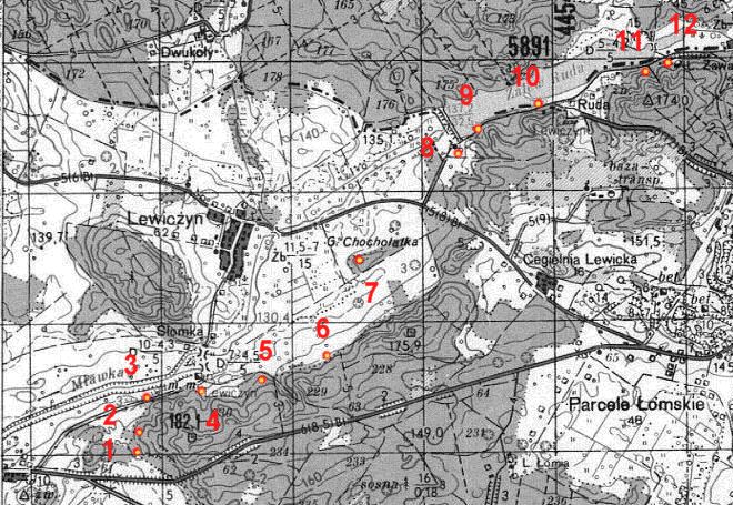 Карта размещения ДОТов в западной части укрепрайона.
