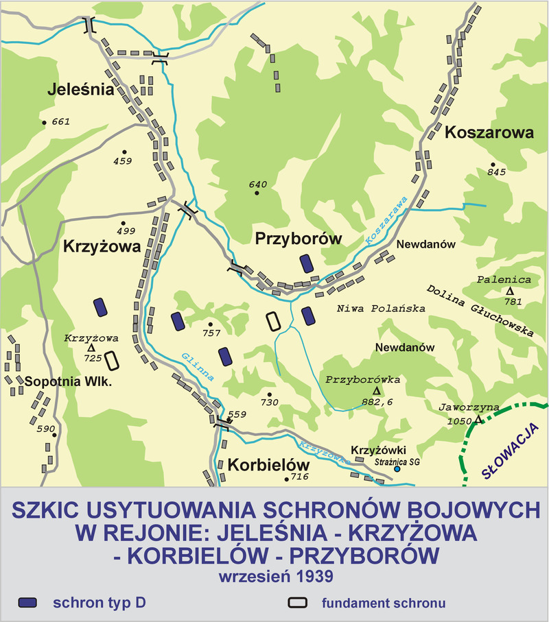 Эскиз расположения ДОТов укрепрайона «Jeleśnia». 