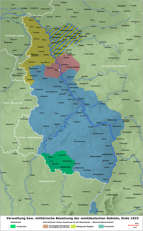Карта оккупированных территорий Рейнской области Германии.