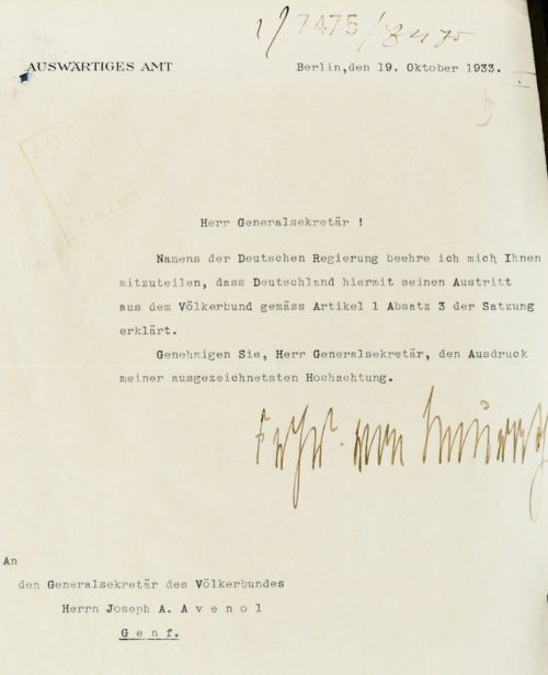 Письмо министра иностранных дел Германии Константина фон Нейрата о выходе с Лиги Наций.