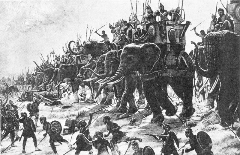Карфагенские военные слоны сражаются с римской пехотой в «Битве при Заме» (202 г. до н.э.).