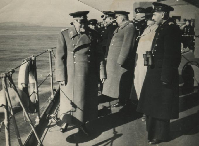 Маршал Советского Союза Булганин на военном корабле. 1958 г.