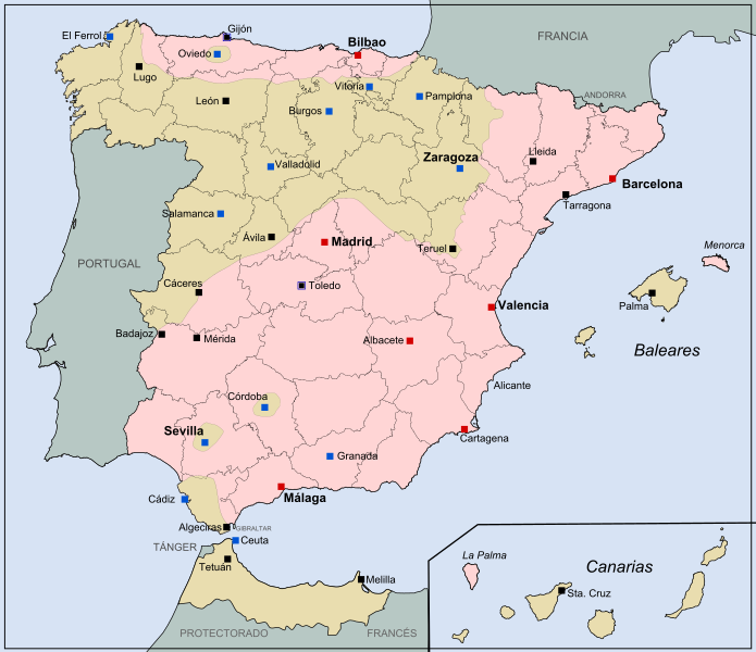 Разграничение территории в Испании на июль 1936 г. (розовый цвет – территория республиканцев, жёлтый – франкистов). 