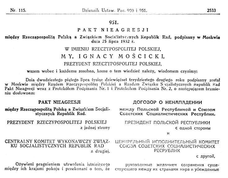 Законодательный Вестник Польши, 1932 год, номер 115, поз. 951. Первый и последний лист Польско-советского договора о ненападении на русском и польском языках.