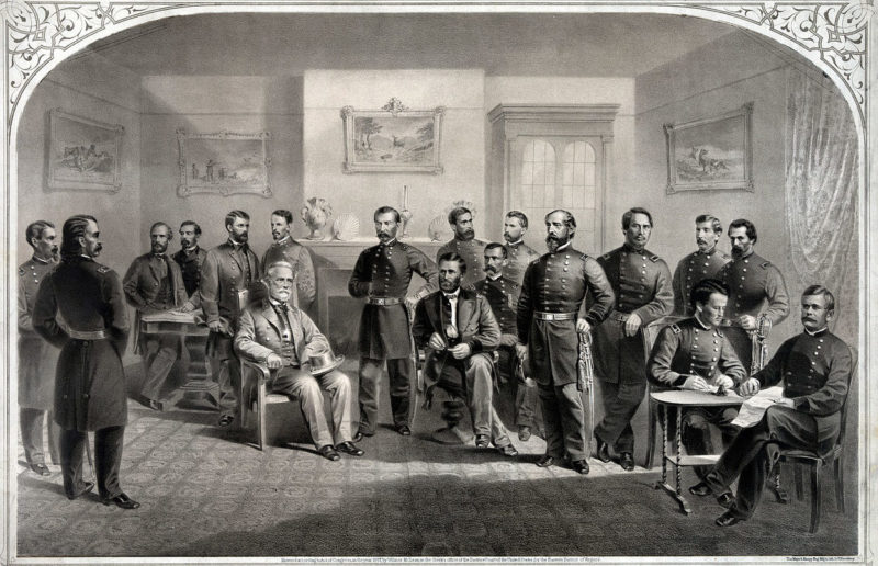 Федеральный главнокомандующий Улисс Грант принимает капитуляцию Северовирджинской армии. 9 апреля 1865 года.