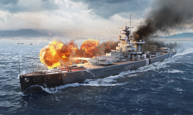 Крейсер «Адмирал граф Шпее» ведет огонь из орудий главного калибра. 