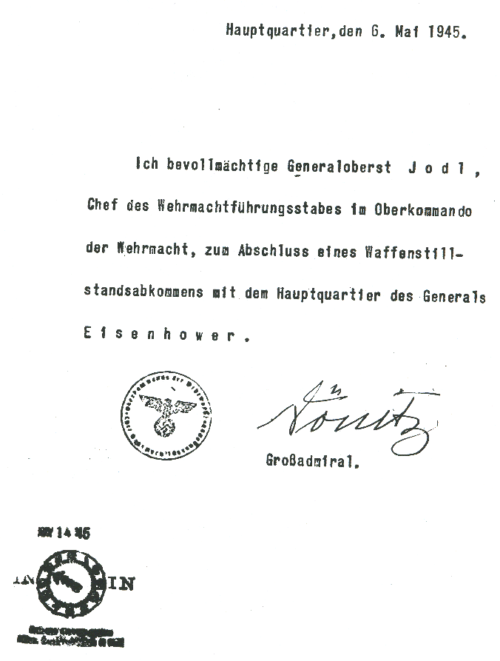 Документ, уполномочивающий генерал-полковника Альфреда Йодля на подписание капитуляции.