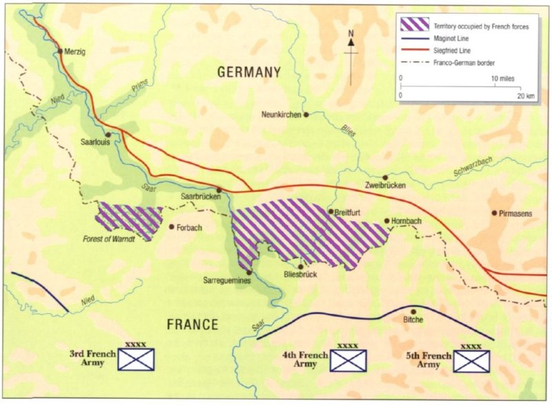 Карта-схема расположения французских войск на занятой немецкой территории во время Саарского наступления.