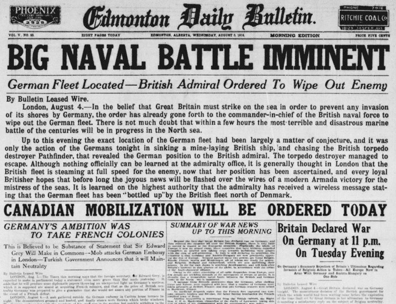 Сообщение в газетах об объявлении Канадой войны Германии.