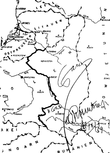 Карта к договору, подписанная Сталиным и Риббентропом о разделе Польши на немецкую и советскую оккупационные зоны. 