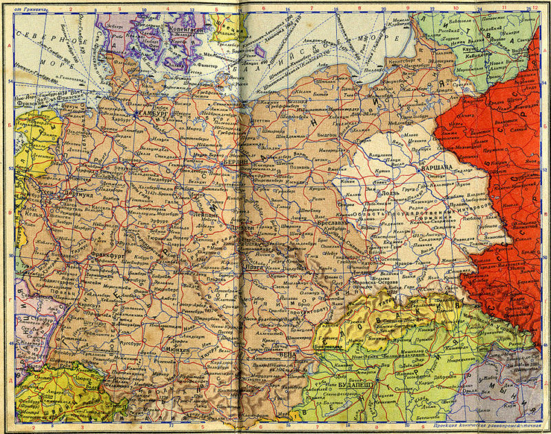 Карта Германии из советского карманного Атласа мира 1940 г. Генерал-губернаторство подписано как «Область Государственных Интересов Германии».