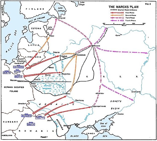 Схема ударов немецких войск по плану генерала Э. Маркса. 5-6 августа 1940 г.