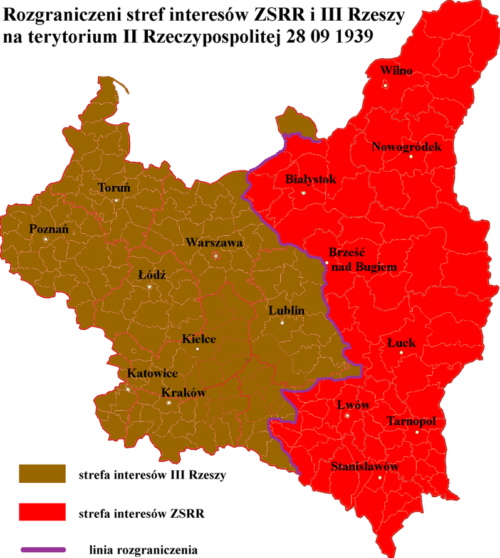 Карта раздела Польши. Справа - территории, занятые советскими войсками, слева – немецкими.