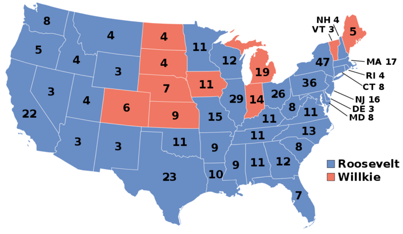Карта результатов президентских выборов. Красным обозначены штаты, поддержавшие республиканцев, синим – демократов.