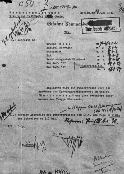 Сопроводительная записка к приказу «Об особой подсудности в районе «Барбаросса» от 13 мая 1941 г.