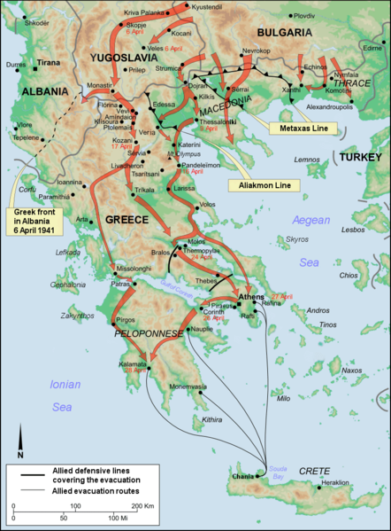 Наступление сил «Оси» и пути эвакуации сил Союзников на Крит.